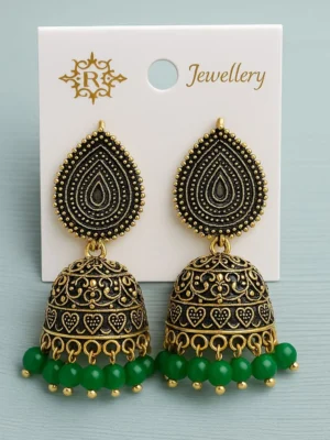 Antique gold jhumka earrings with intricate detailing