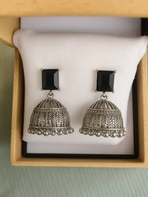 Antique silver jhumkas with bold black studs